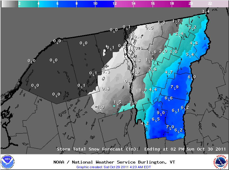 A map of the expected snowfall totals from the National Weather Service in Vermont