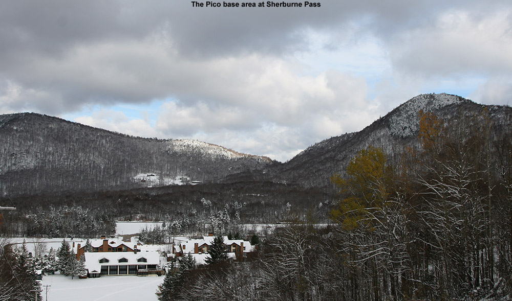 An image of Sherburne Pass from Pico ski area in Vermont with October snow