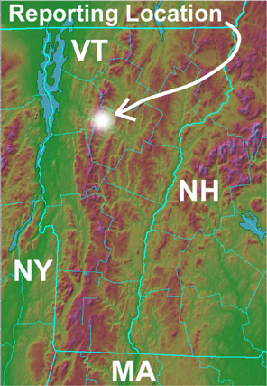 An image of Vermont and the surrounding area highlighting the location of J&E Productions in Waterbury