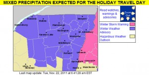 An image of the Winter Weather Advisories and Warnings map from the National Weather Service in Burlington for November 22, 2011