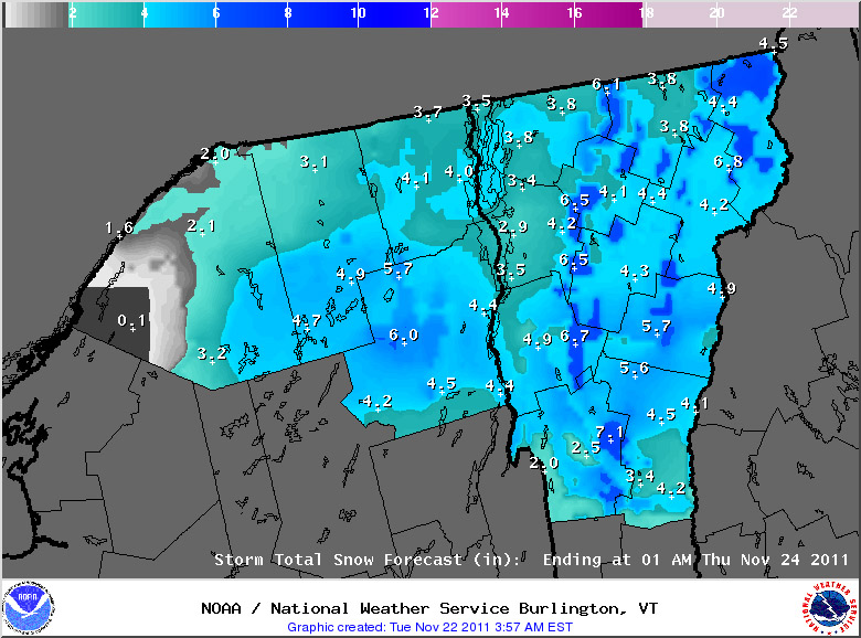 An image of the projected snowfall accumulations for the upcoming November snowstorm in Vermont