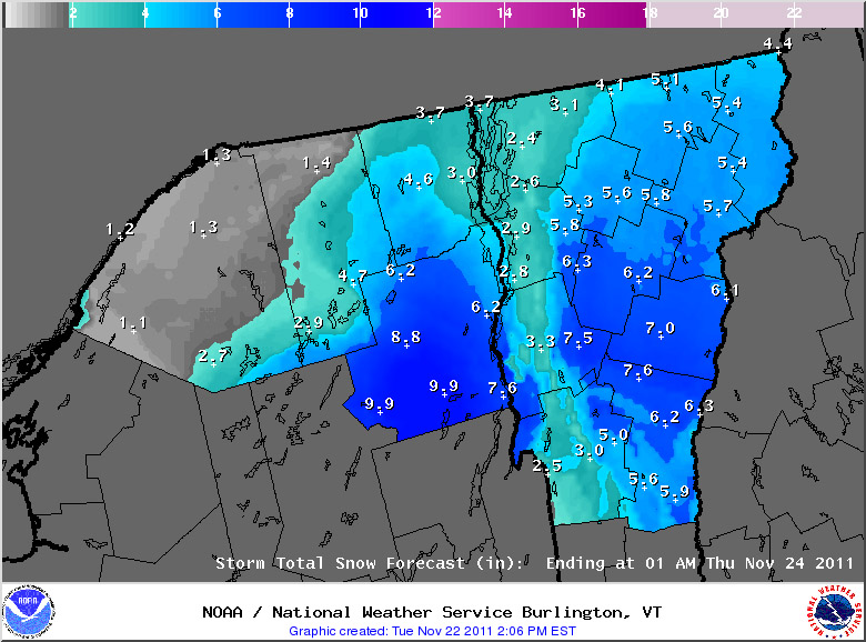 An afternoon update the projected snowfall accumulations for the upcoming November snowstorm in Vermont