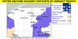 An image of the winter weather advisories put out by the National Weather Service in Burlington for the morning of December 7, 2011