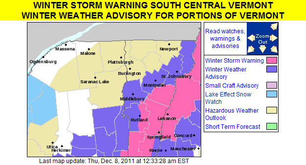 An image of the winter weather advisories put out by the National Weather Service in Burlington for the evening of December 7, 2011