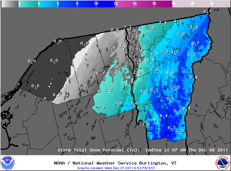 An image of the projected sowfall from National Weather Service in Burlington for the evening of 07DEC2011