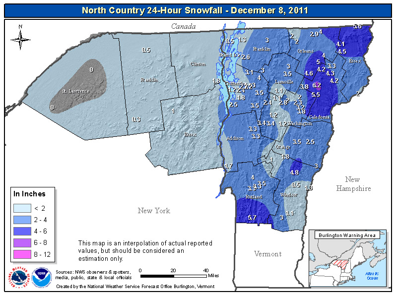 A map of snowfall totals for the December 7 & 8 snowfall event for Northern Vermont and New York