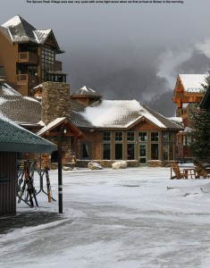An image of the Spruce Peak Village area at Stowe Mountain Resort in Vermont on a snowy morning - December 17, 2011