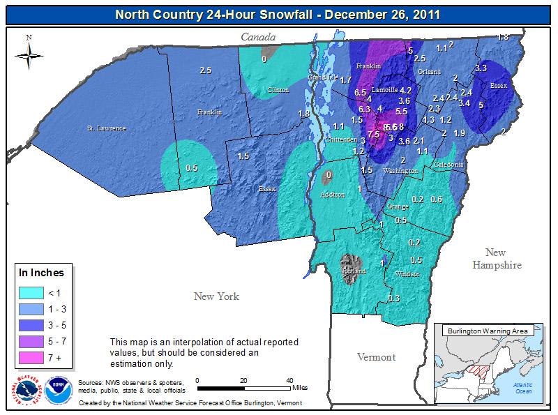 A map of snow totals from the National Weather Service Office in Burlington Vermont for the Alberta Clipper and associated upslope snowon December 25-26, 2011