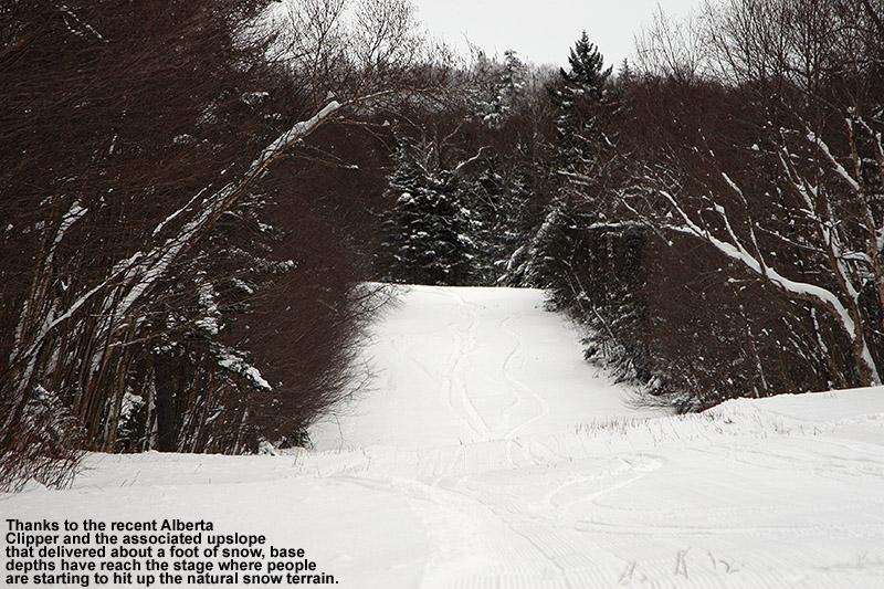 An image of ski tracks on the Cobrass Lane trail at Bolton Valley Resort in Vermont - December 27, 2011 - Recent snows have provided sufficient base for some of the natural snow terrain.