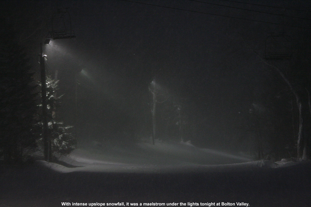 An image of Bolton Valley's night skiing lights obscured by heavy snowfall - December 28, 2011