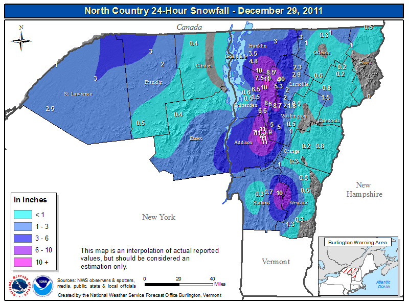 A map of snow totals from the National Weather Service Office in Burlington Vermont for the snowstorm on December 27-28, 2011
