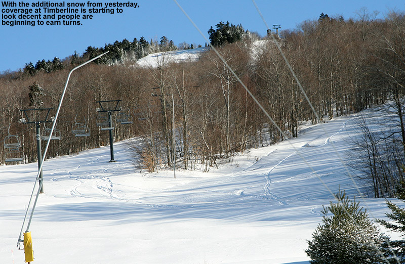 An image of Bolton Valley's Timberline area on December 29, 2011 with ski tracks from people earning turns