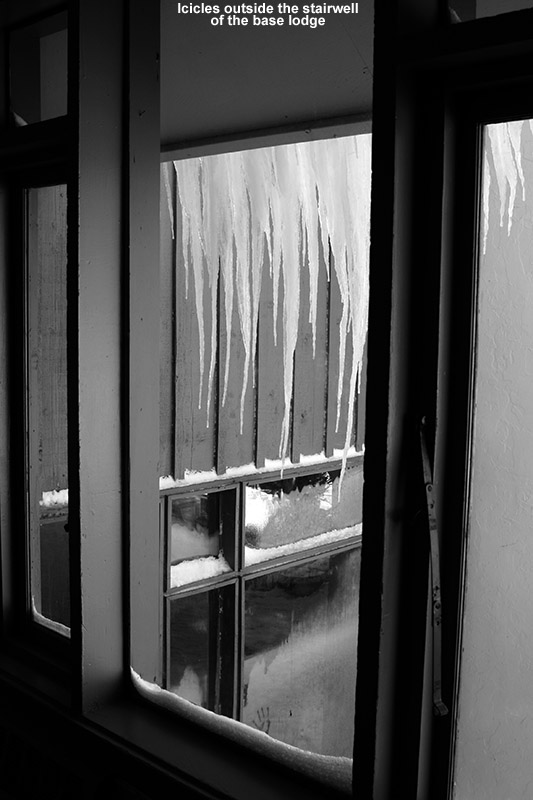 An image of icicles outside a staircase at Bolton Valley Ski Resort in Vermont