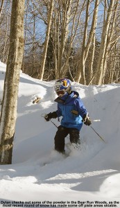 An image of Dylan skiing powder in the Bear Run Woods at Bolton Valley in Vermont on December 29, 2011