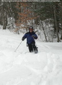 An image of Jay skiing in powder on the Lower Turnpike trail at Bolton Valley Resort in Vermont - December 30, 2011