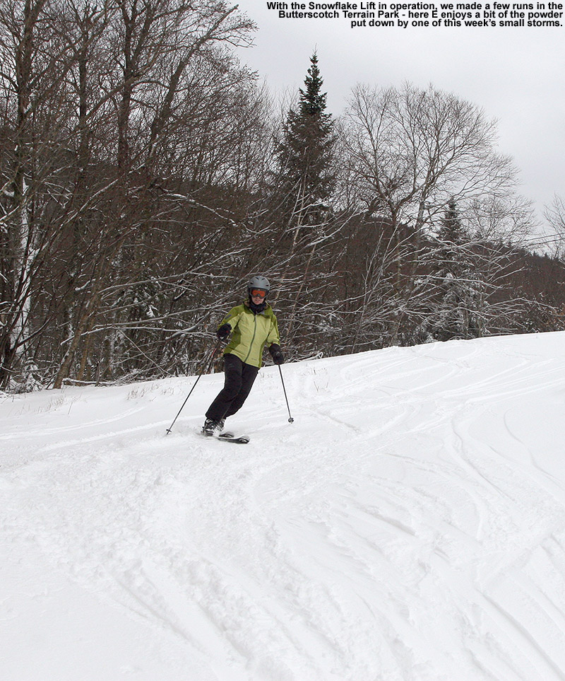 An image of Erica skiing a couple inches of fresh powder along the edge of the Butterscotch Terrain Park at Bolton Valley Resort in Vermont