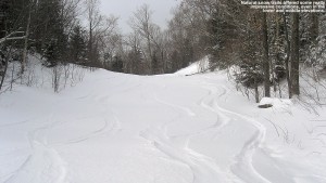 An image of ski tracks in the powder on one of the exit trails from Upper Smuggler's at Stowe Mountain Resort in Vermont