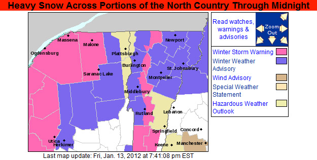 An image of the Winter Weather Warnings map put out by the National Weather Service in Burlington in the evening on January 13, 2012