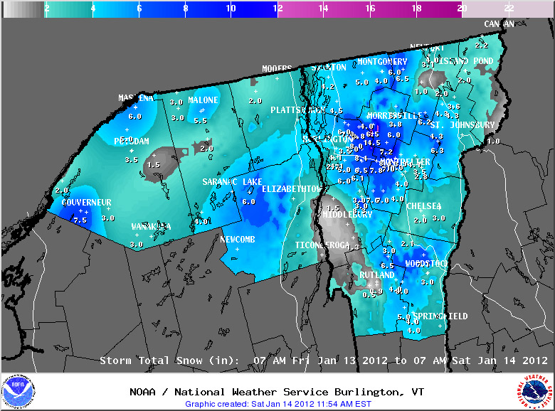 National Weather Service map of snowfall totals from January 14, 2012 for Vermont during the second half of  the two-part mid-January snowstorm 