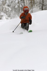 An image of Ty skiing fresh powder in the Villager Trees at Bolton Valley Resort in Vermont
