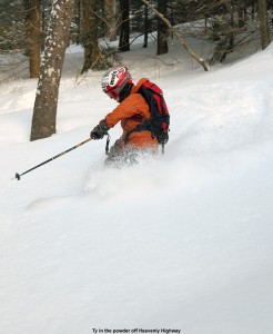 An image of Ty skiing a glade below the Heavenly Highway trail on the Nordic/backcountry network at Bolton Valley Ski Resort in Vermont