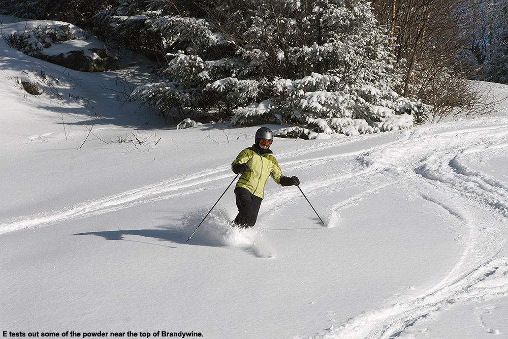 An image of Erica skiing in the powder on Upper Brandywine on a sunny day at Bolton Valley Ski Resort in Vermont 