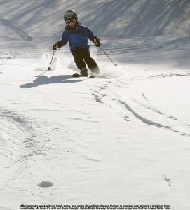 An image of Dylan skiing some powder on the Lower Tattle Tale trail at Bolton Valley Ski Resort in Vermont