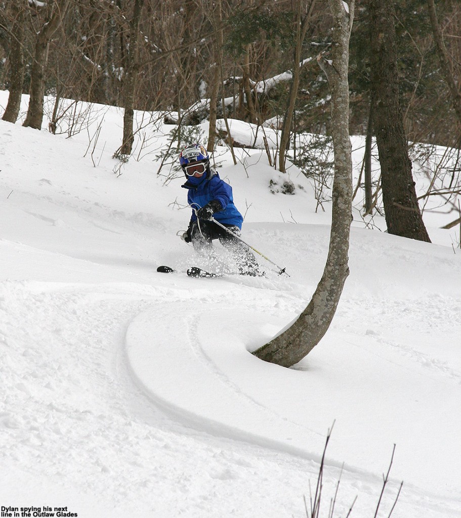 An image of Dylan skiing in the Outlaw Glades at Bolton Valley Ski Resort in Vermont