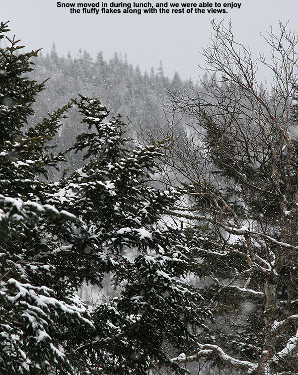 An image of snow falling among the mountains and trees as viewed from the Catamount Trail beyond Bolton Valley Ski Resort in Vermont
