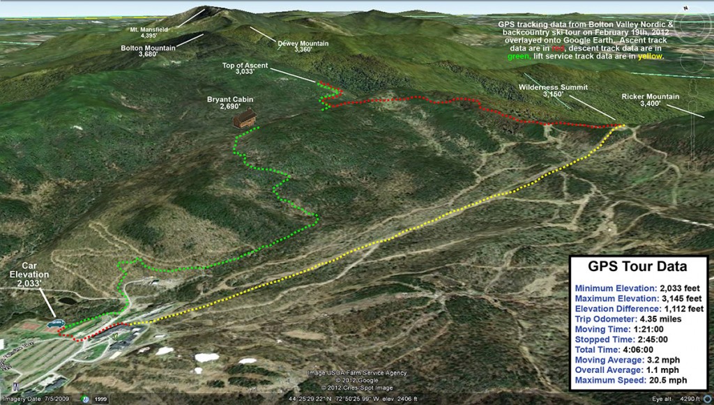 A Google Earth image containing the GPS track from our ski tour on Bolton Valley's Nordic & Backcountry terrain - 19FEB2012