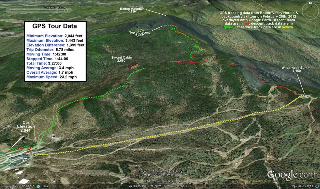 A Google Earth GPS map tracing of my tour on the Bolton Valley Nordic/backcountry network of ski trails and the Catamount Ski Trail in Vermont on February 20, 2012