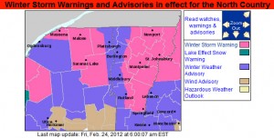 An image of the Winter Weather Advisories Map for February 24-25, 2012 from the National Weather Service Office In Burlington, Vermont