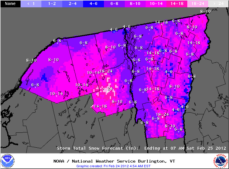 The Storm Total Snowfall Forecast map for the morning of February 24, 2012 for the upcoming winter storm - 1 to 2 additional feet of snow are expected in the mountains.