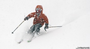 An image of Ty skiing in heavy snowfall during a two-foot snowstorm at Bolton Valley Ski Resort in Vermont