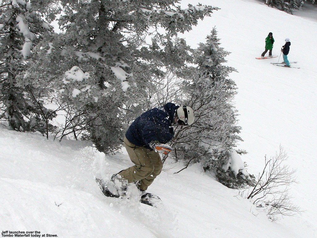 An image of Jeff jumping off the Tombo Waterfall on his snowboard at Stowe Mountain Ski Resort in Vermont