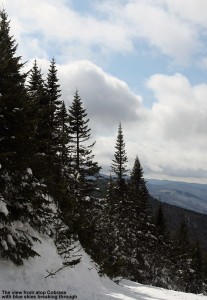 A view to the south from the Vista Peak area of Bolton Valley Ski Resort showing blue skies mixed with fluffy cumulus clouds
