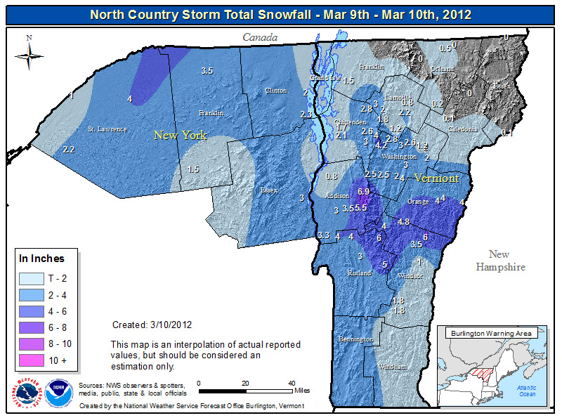 An image of the snowfall map from the National Weather Service in Burlington for March 10, 2012