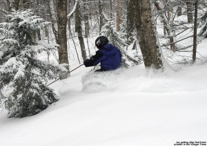 An image of Jay skiing the fresh powder in the Villager Trees at Bolton Valley Ski Resort in Vermont