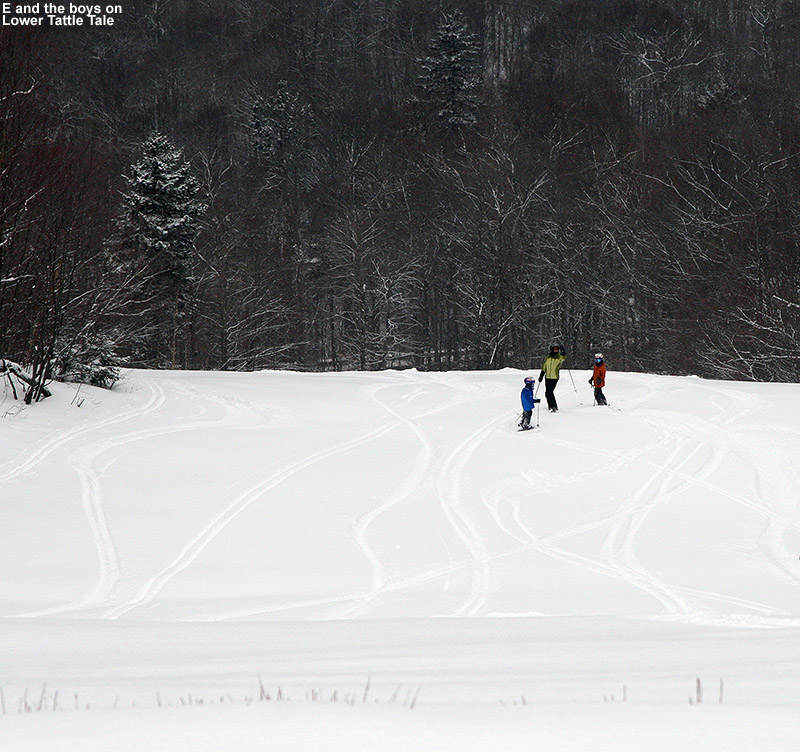 An image of E, Ty, and Dylan on Lower Tattle Tale with tracks in the powder at Bolton Valley Ski resort in Vermont
