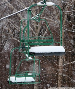 An image of snow and snowfall on the Lookout Double Chair at Stowe Mountain Ski Resort in Vermont