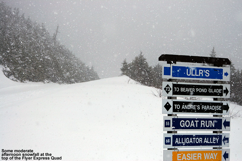 An image of snowfall at the end of an April snow squall at Jay Peak Ski Resort in Vermont