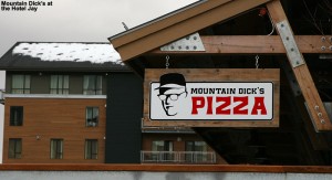 An image of the sign for Mountain Dick's Pizza in the Hotel Jay at Jay Peak Ski Resort in Vermont