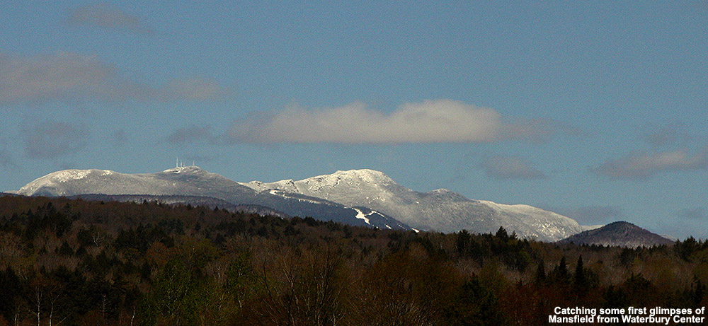 An image of a very white Mt. Mansfield taken from Waterbury Center, Vermont after a late April snowstorm