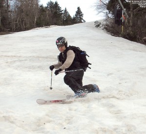 An image of Jay Telemark skiing in May on the Haynes Trail at Jay Peak Resort in Vermont