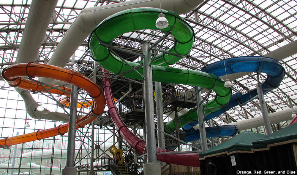 An image of the four main water slides in the Pump House Indoor Waterpark at Jay Peak Ski Resort in Vermont