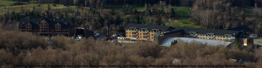 An view of the Tram Haus Lodge, Tramside Base Lodge, Hotel Jay, and Pump House Waterpark viewed from the top of the Stateside area at Jay Peak Ski Resort in Vermont