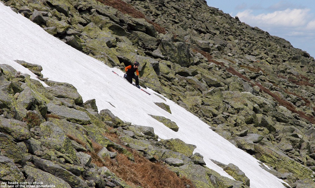 An image of Jay skiing one of the snowfields on the east side of Mt. Washington on Memorial Day weekend 2012