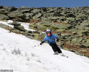 An image of Dylan skiing the snow on the Mount Washington snowfields on Memorial Day Weekend 2012
