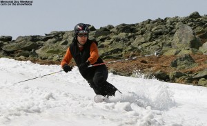 An image of Jay Telemark skiing on the Mount Washington snowfields on Memorial Day Weekend 2012