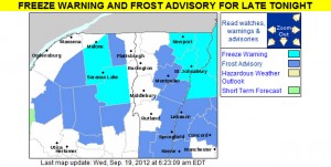 A map from the National Weather Service in Burlington showing the frost advisories and freeze warnings for Vermont and the surrounding areas on September 19th, 2012